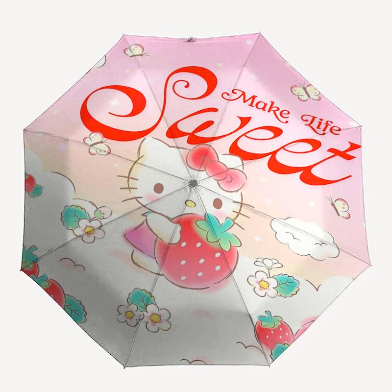 1pc Hello Kitty Make Life Sweet Automatic Folding Umbrella - Portable 3-Fold Design with Iron Frame, Perfect for Outdoor Use, Festive Gifts, Travel, D