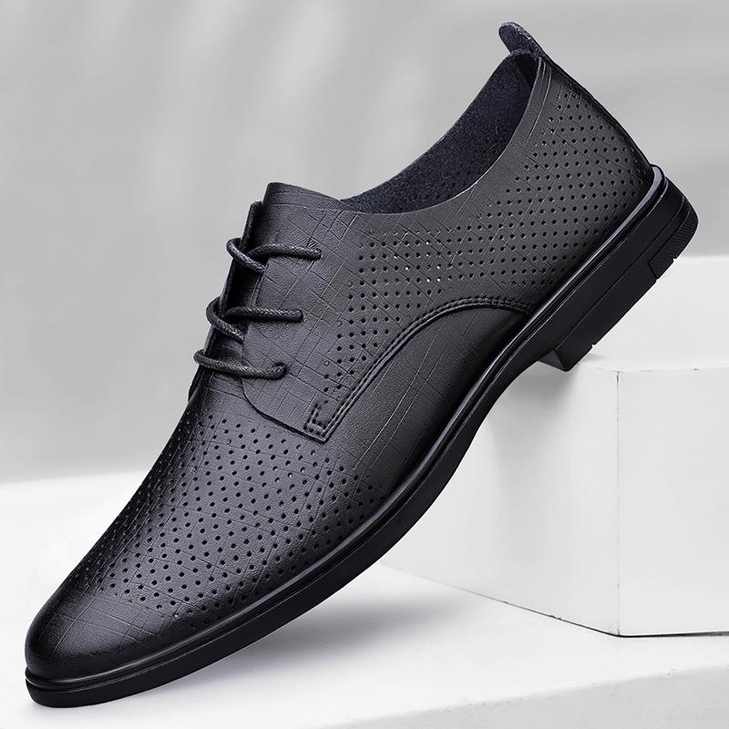 Men Summer Oxford Shoes Leather Breathable Comfortable LaceUp Fashionable New Black Classic Lace Two Layer Cowhide Hollow Small