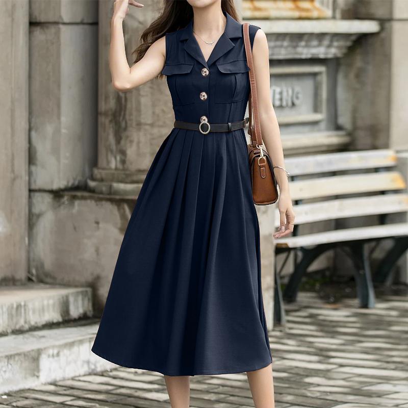 

ZANZEA Женское летнее повседневное платье без рукавов с отложным воротником 5XL темно-синий