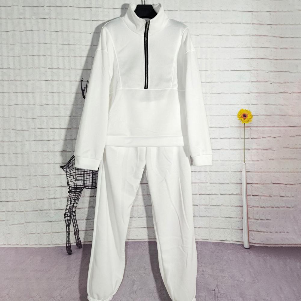 2 Pcs/Set Fall Winter Sweatshirt Pants Set Stand Collar Long Sleeve Loose Zipper Thick Warm Solid Color Elastic Waist Trousers T