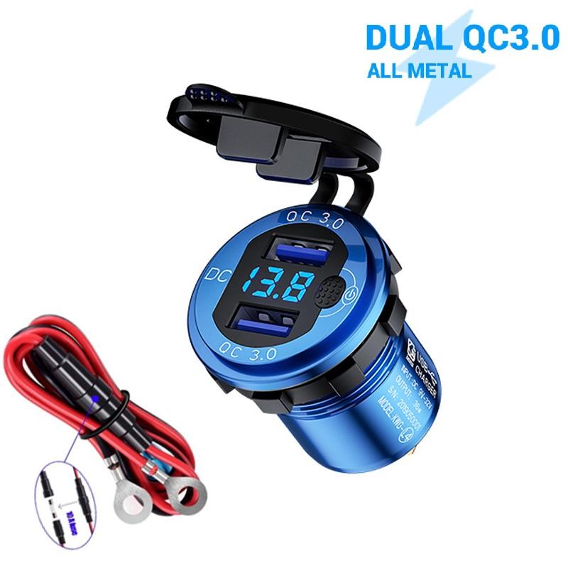 Carga rápida 3.0 36w carro duplo usb carregador qc3.0 alumínio à prova dwaterproof água com interruptor de voltímetro para 12v/24v motocicleta barco marinho rv