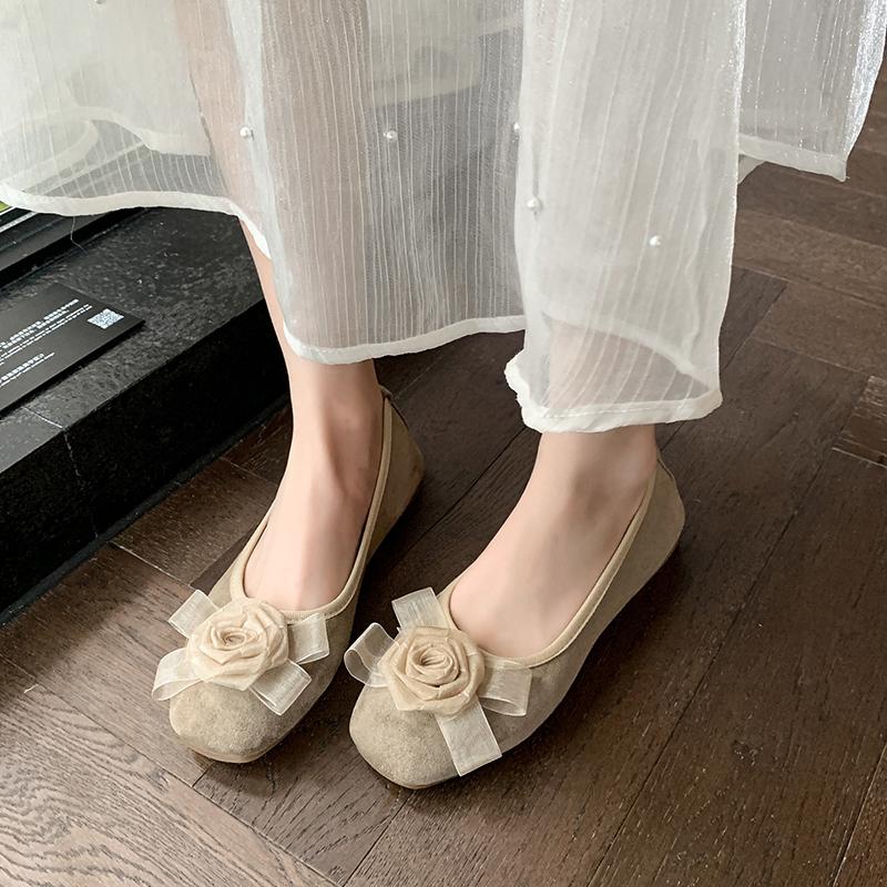 Fashion Flat Single Shoes Women Fashion Square Head Shallow Mouth Fabric Flower Soft Sole Anti-slip Wear-resistant Low-top Shoes