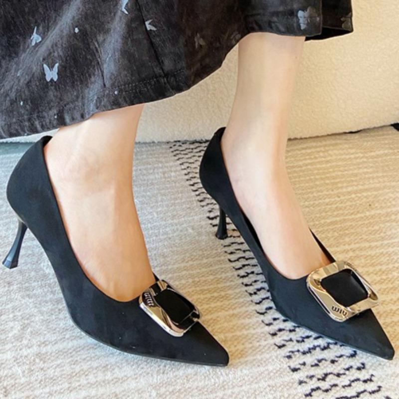 Retro Niche Pointed Leopard Print High Heels, 2025 New Square Buckle Thin Heels, Versatile Office Women's Shoes Chaussure Femme