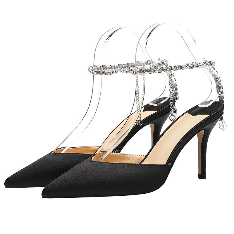 

Остроконечные туфли со стразами на высоком каблуке, женские, новинка 2024 года, черные туфли-стилет для ночного клуба с босоножками со стразами в стиле знаменитостей, лето 40