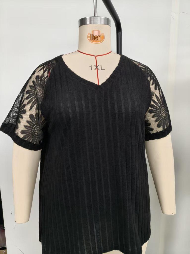 Frühling/Sommer 2026 Damen Übergröße V-Ausschnitt Spitzen-Patchwork Kurzarm-Top