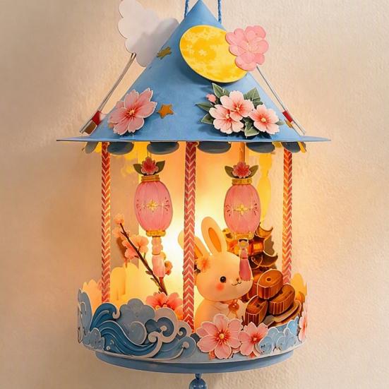 Traditional Palace Lantern Toy Chinese DIY Kit for Mid Autumn, Festival Handheld Glowing Autumn Decoration Paper Lamp with LED Light &