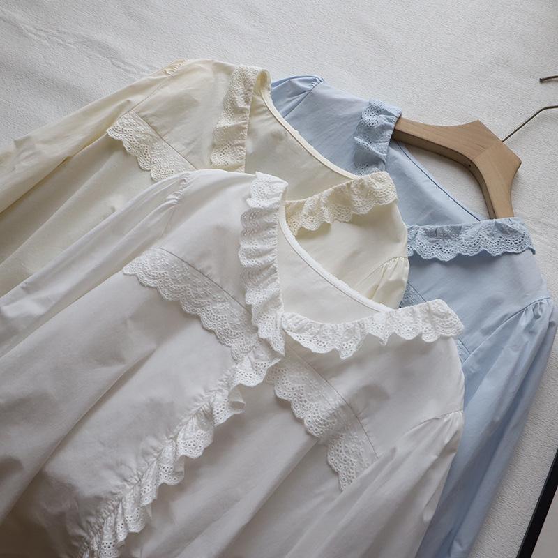 

[Bi Zheng] 2025 Spring Korean Sweet V-neck Lace Ruffle Women s Shirt One Size