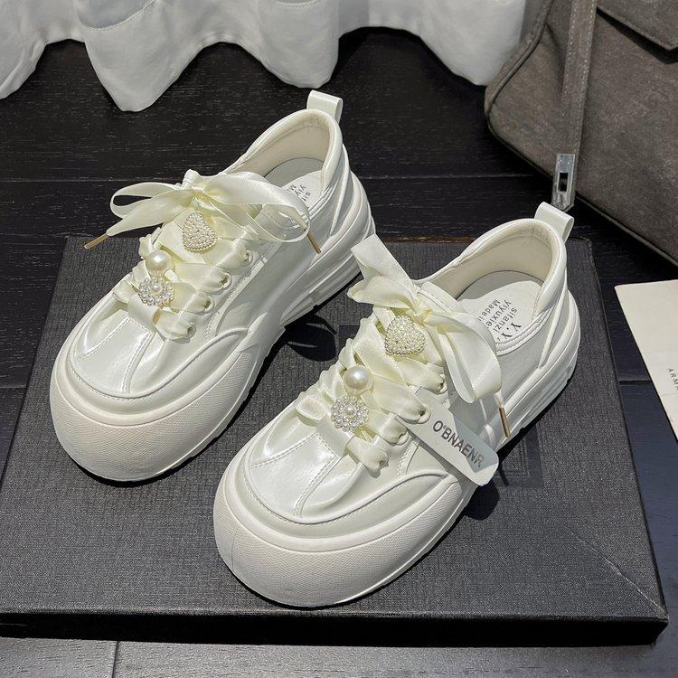 

Pearl Puff~ Platform Casual Board Shoes Women s 2025 Summer Satin Pearl Sweet Height Increasing Versatile Little White Shoes Women 40