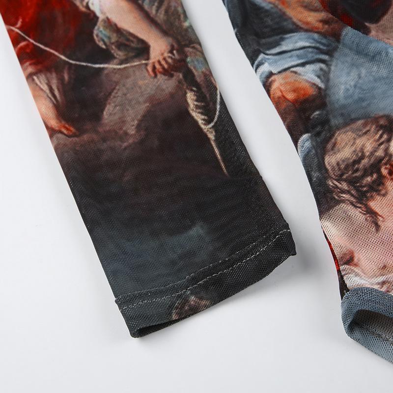 Women's Artistic Print Long Sleeve Mesh Bodysuit, Vintage Renaissance Graphic Sheer Slim Fit Top Jumpsuit Lace Panel Lightweight Top Personality