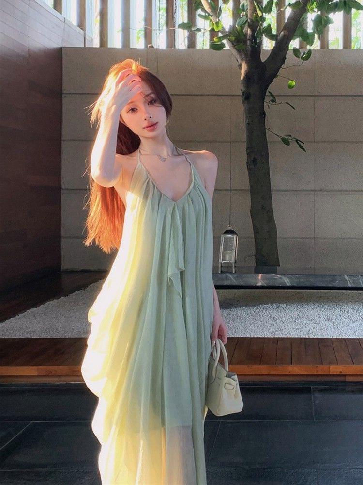 French Halterneck Backless Camisole: Fairy Summer Beach Dress
