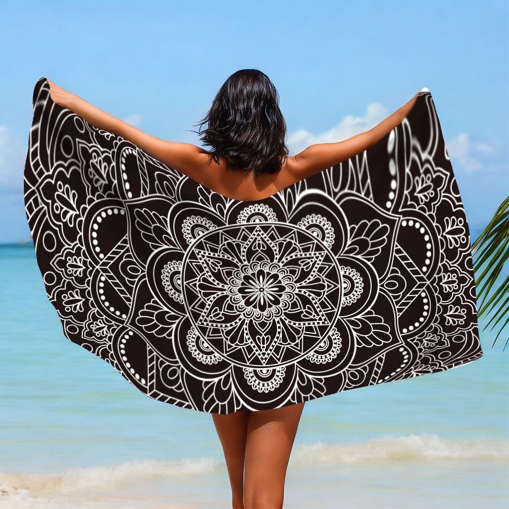 Boho Mandala Beach Towel Microfiber Oversized Lightweight Beach Towel Sandproof Quick Dry Black Flower Towels Swim Pool Beach