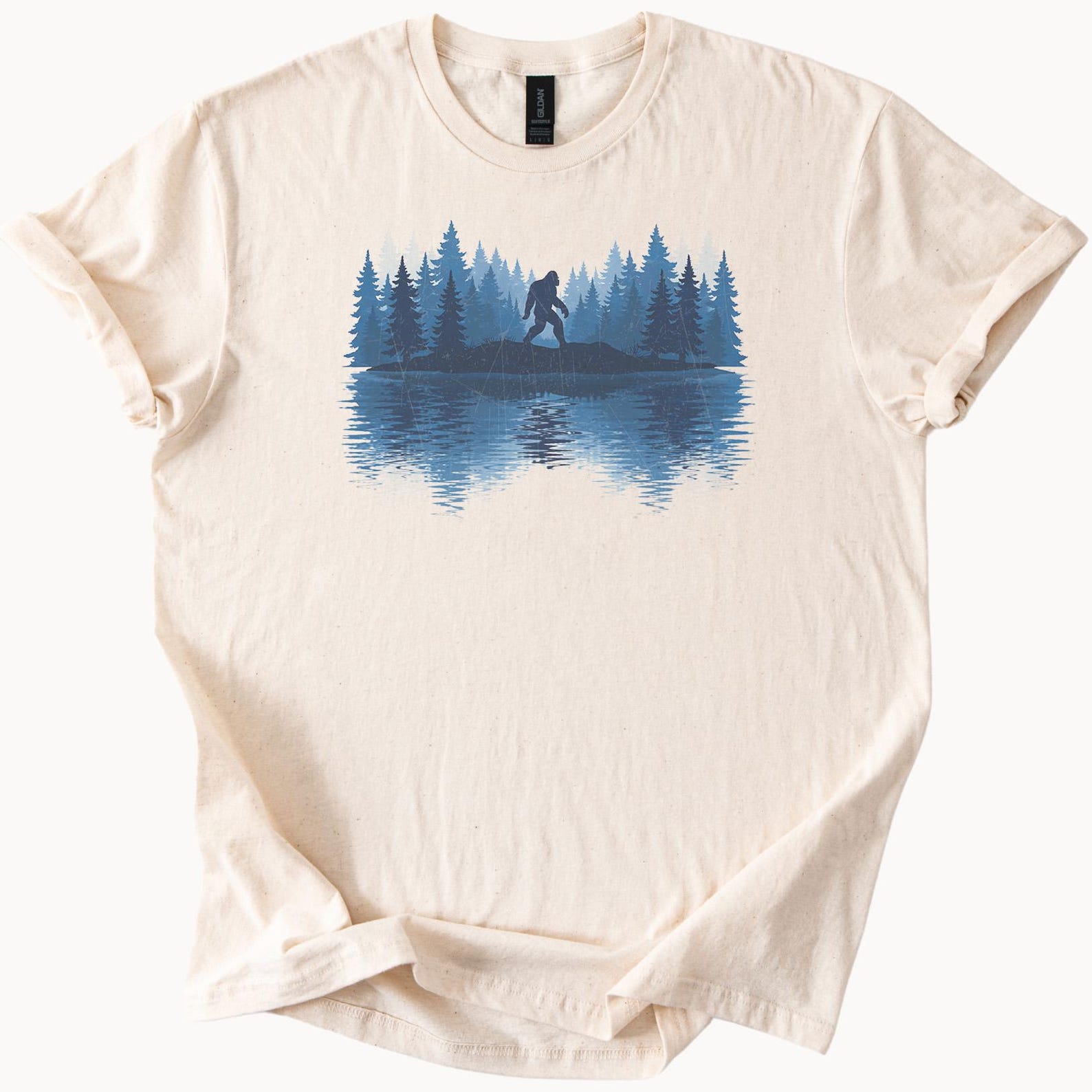 Bigfoot Forest Lake Reflection Graphic T Shirt Camping Sasquatch Outdoors 100