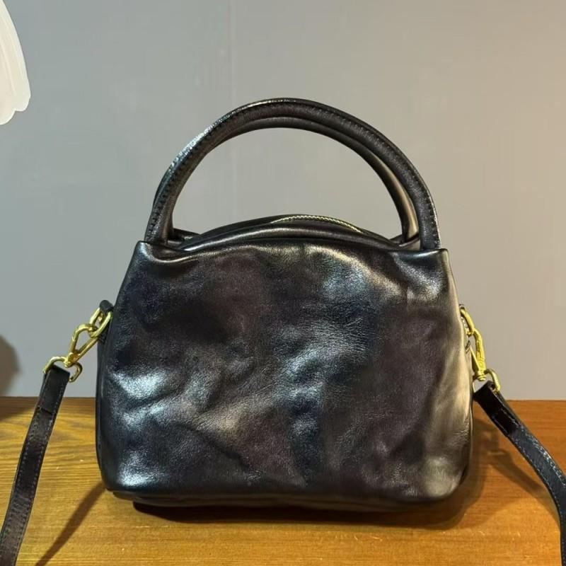 Fashionable Retro Small Bag Women's Full Tree Cream Cowhide Same Style Bowling Genuine Leather Handbag Crossbody