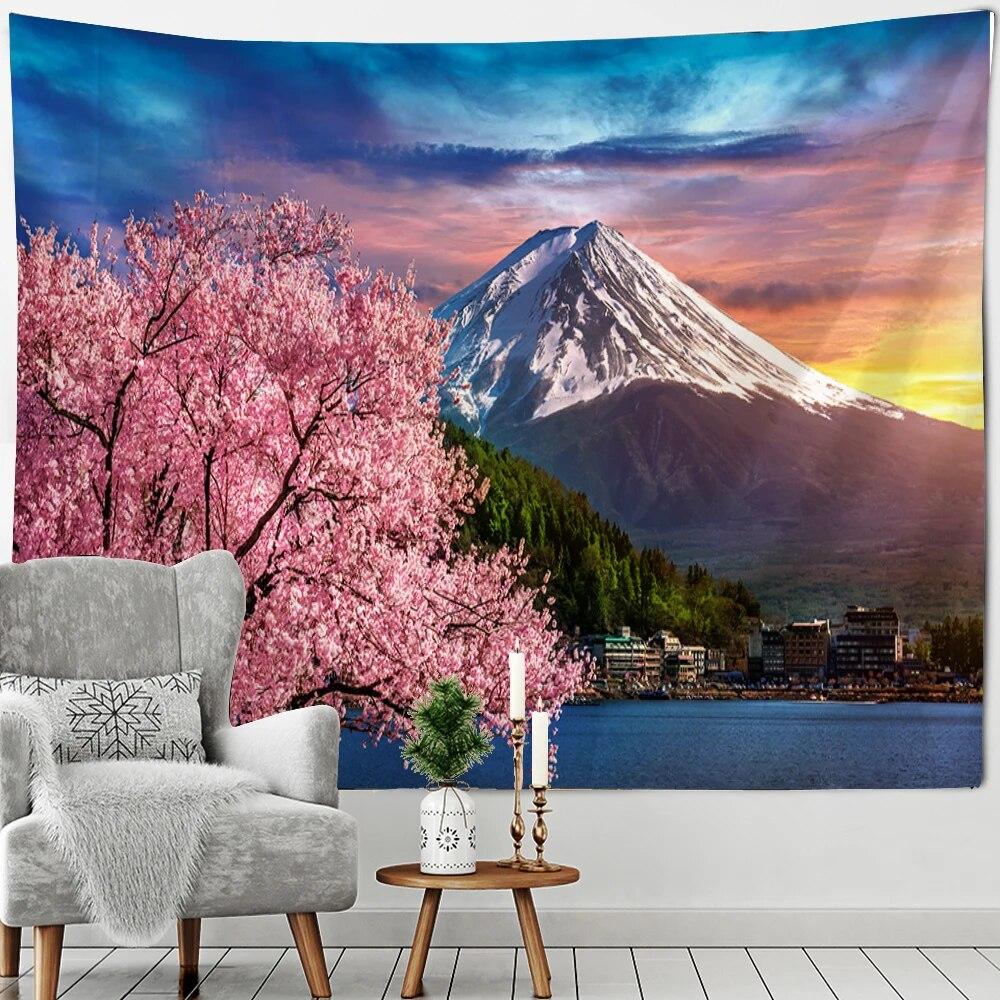 Beautiful Mount Fuji Sakura Pagoda Landscape Wall Hanging Tapestry Decorative Art Suitable for Living Room Room Home Decor