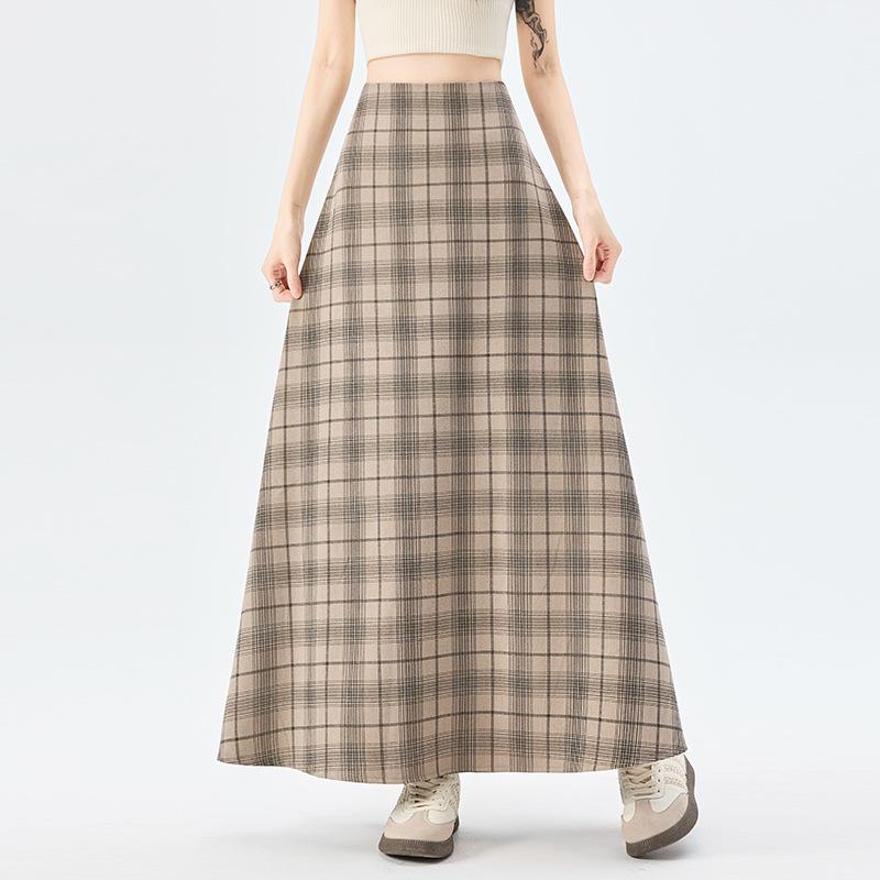 Women's 2026 Spring Retro Plaid High-Waist A-Line Skirt with Elastic Waist and Wide Hem
