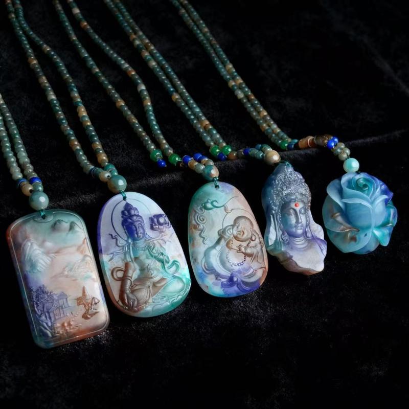 Versatile Rainbow Spotted Stone Carved Necklace Pendant Fortune Dragon Plaque Sweater Chain Fashion Jewelry Mother'S Day Gift