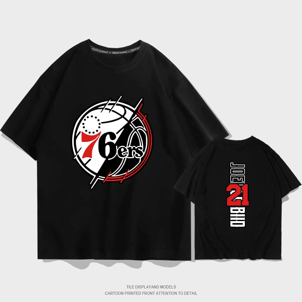 Summer short-sleeved men s and women s Philadelphia 76ers No. 21 jersey short-sleeved T-shirt cotton round neck basketball sports and leisure XXS