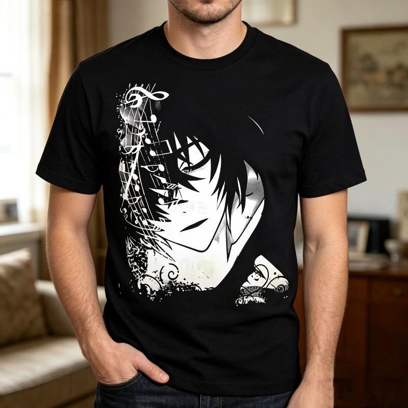 Anime Boy Music Note Graphic Tee Japanese Aesthetic Shirt for Unisex Unisex Classic Anime Print TShirt Vintage Inspired Music