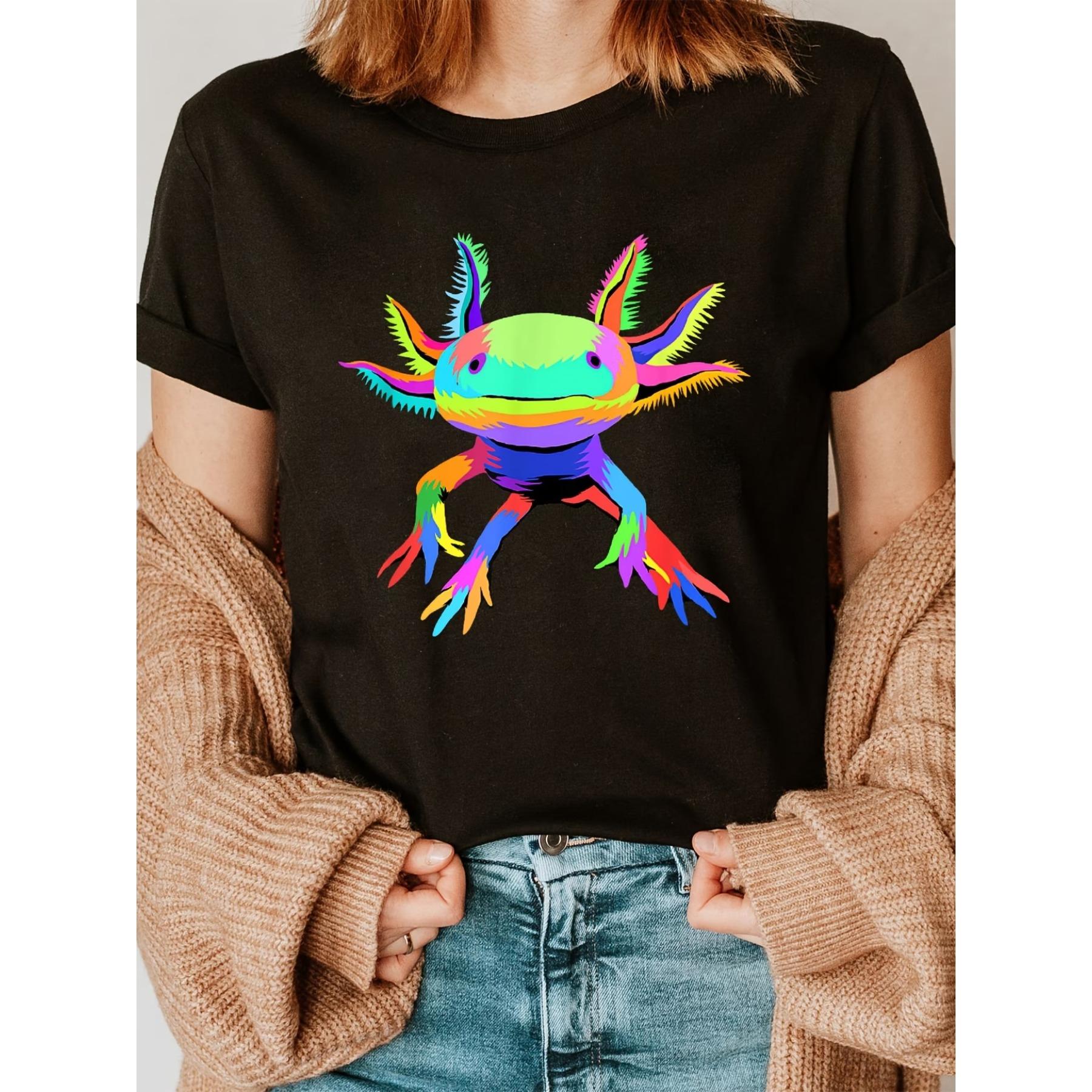 

Axolotl Print Crew Neck T-shirt, Short Sleeve Casual Top for Summer & Spring S чёрный