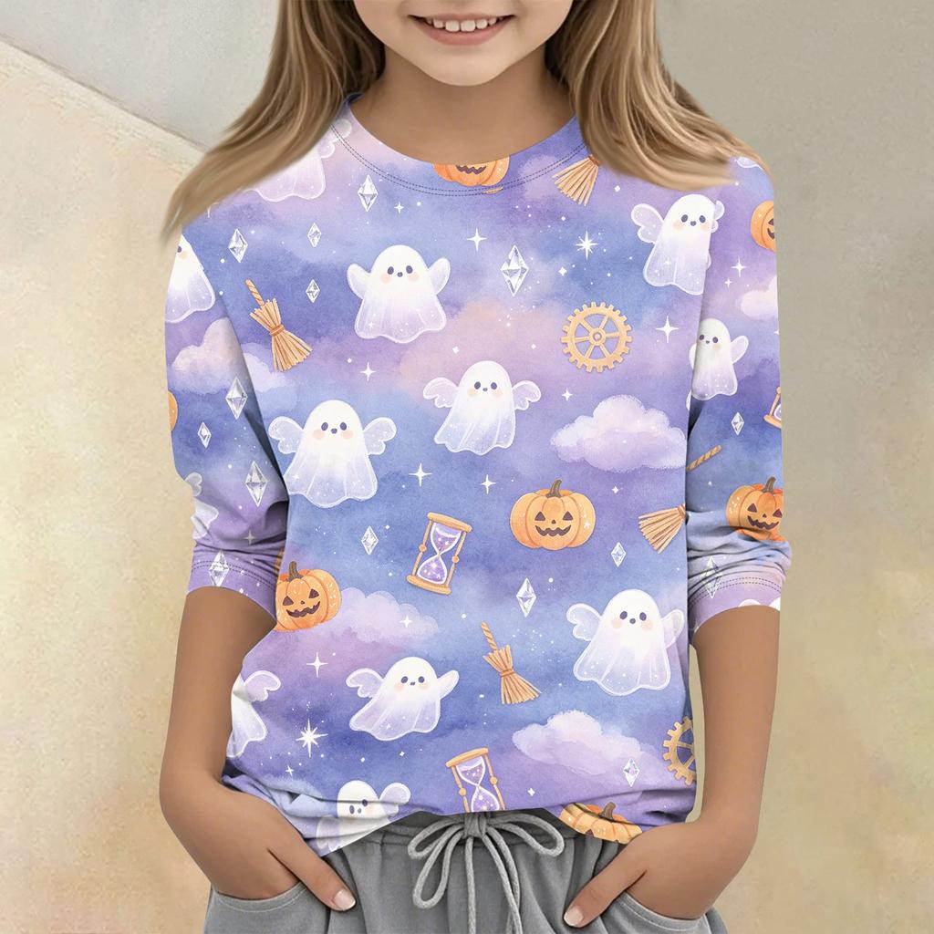 Kids Halloween Printed Round Neck 3/4 Sleeve Casual T-Shirt Top Comfortable Fit Lightweight Soft Fabric Suitable for Boys Girls