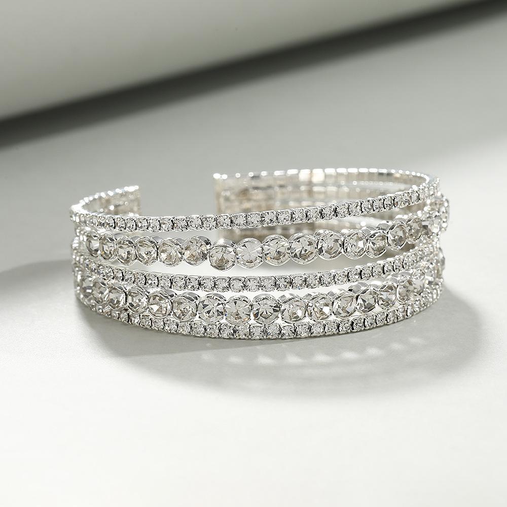 Multi - Layer Open Bangle Bracelet Full Rhinestone Stacked Cuff Jewelry for Women Silver Fashion