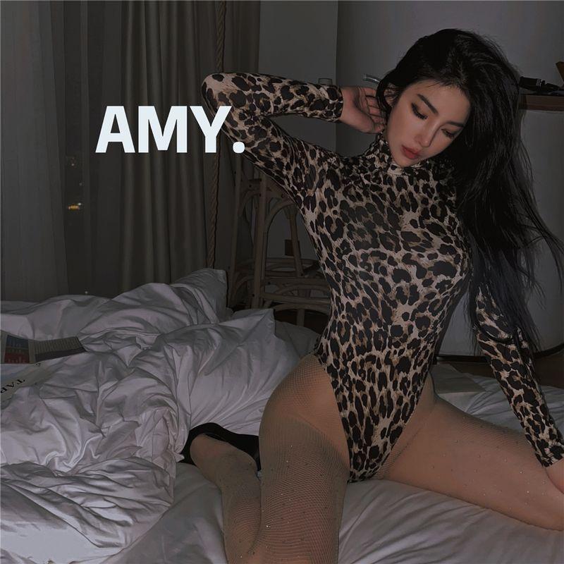 

Amyj 2024 Европейский и американский сексуальный комбинезон с высоким воротником и длинными рукавами, прилегающего силуэта, с леопардовым принтом, соблазнительная базовая рубашка для катания Leopard print S