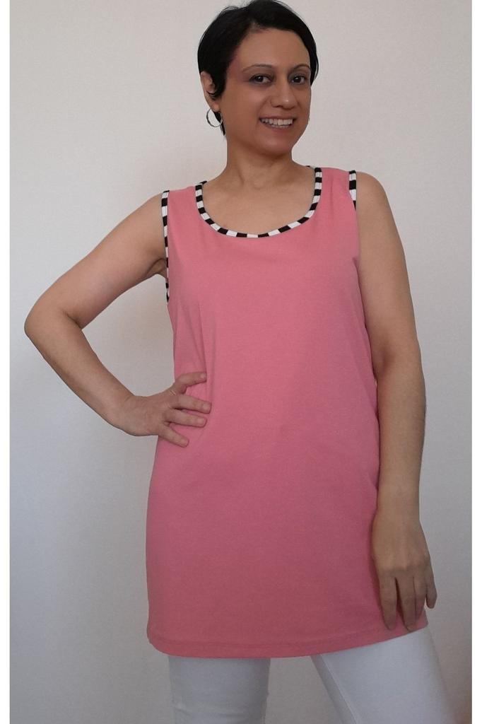 Damenstil Übergröße T-Shirt Rosa Dicke Träger Gekämmte Baumwolle T-Shirt Mit Paspeldetail