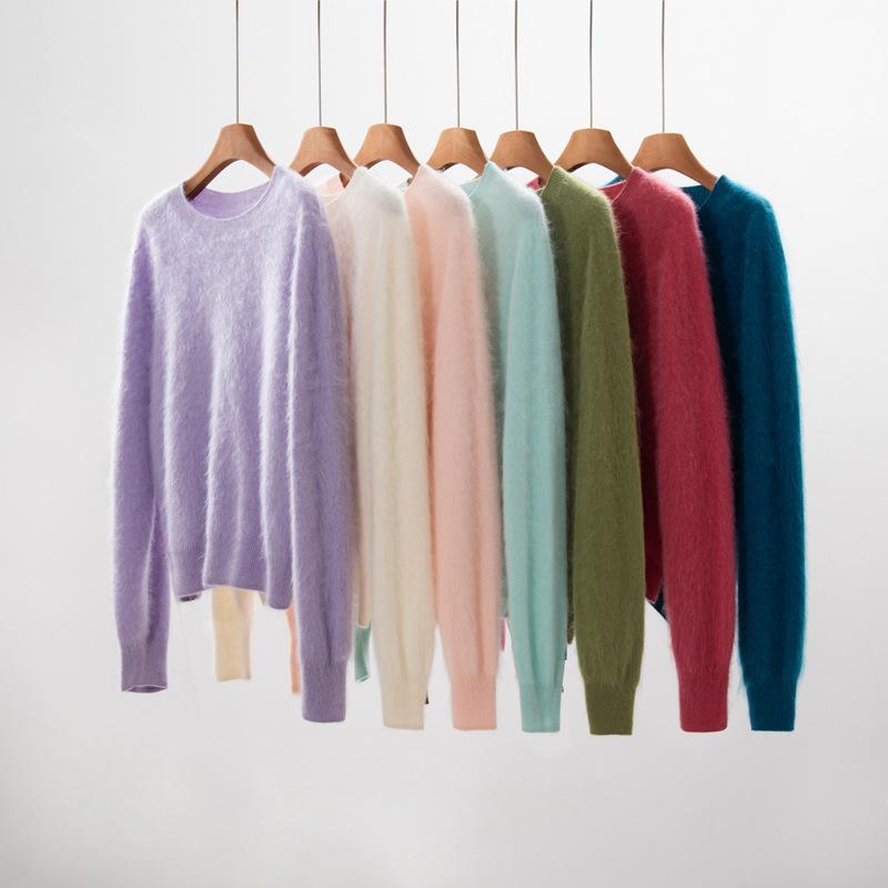 Women's Seamless Cashmere Sweater: Brushed Round Neck Pullover, Solid Color, Autumn/Winter Lazy Style, Knitted Base Layer.