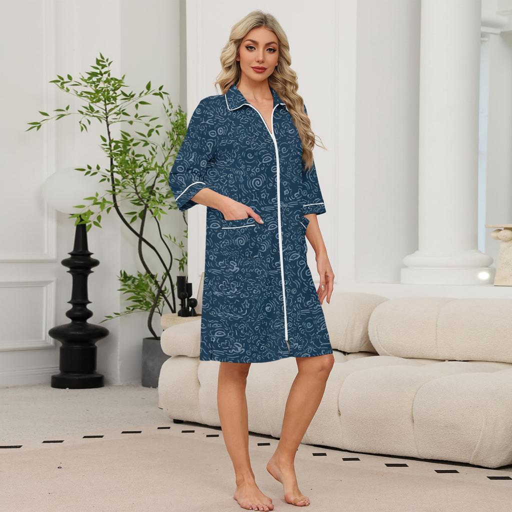 Women's Floral Print Zip Front Robe with Pockets, 3/4 Sleeve, Lightweight Knee Length Loungewear