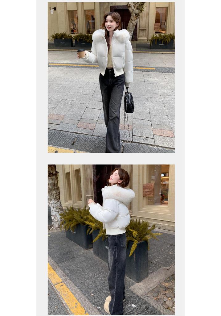 Women's Winter High Waist Hooded Short Jacket with Removable Fur Collar