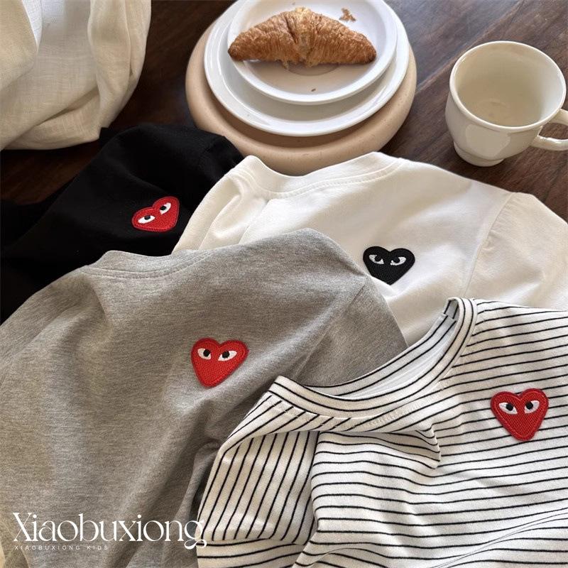 Kids Cotton Striped Heart Short Sleeve T Shirt for Boys and Girls Summer Round Neck Base Layer