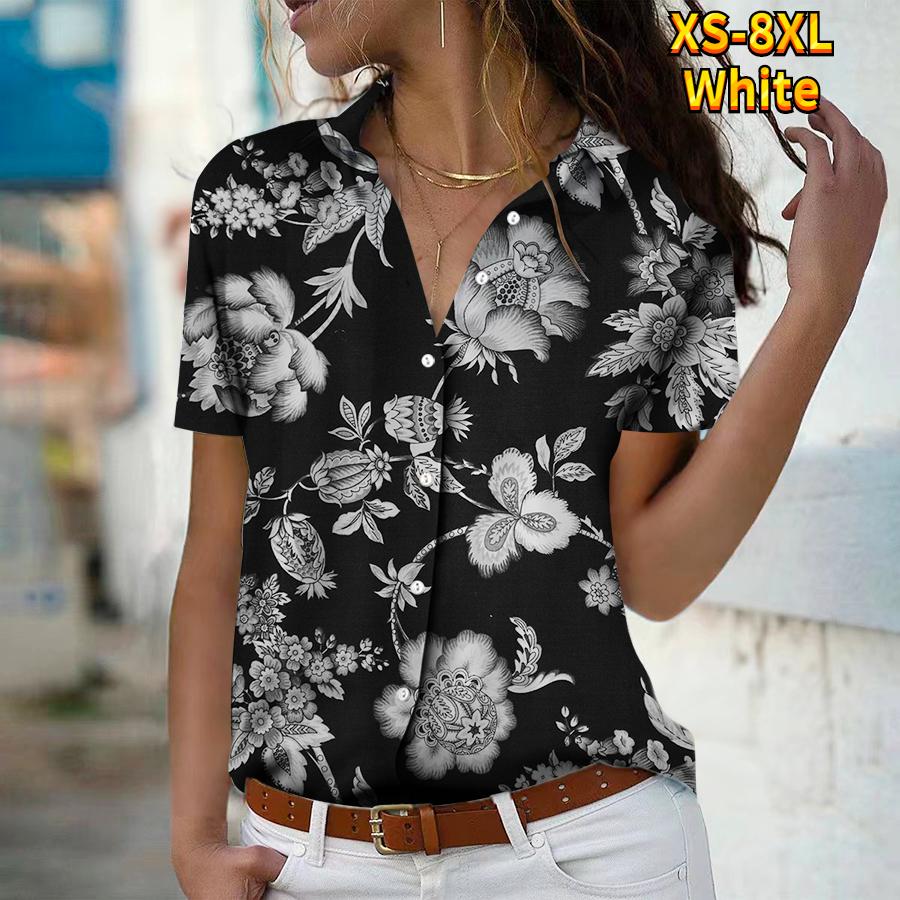 2025 Summer New Fashion Women's Flower Printed Short Sleeve V-neck Casual Button-down Shirt Top