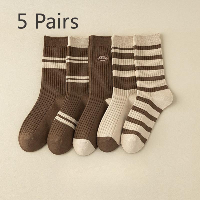 

5 Pairs of Female Autumn and Winter Vintage Striped Long Tube Pile Socks 5 Pairs