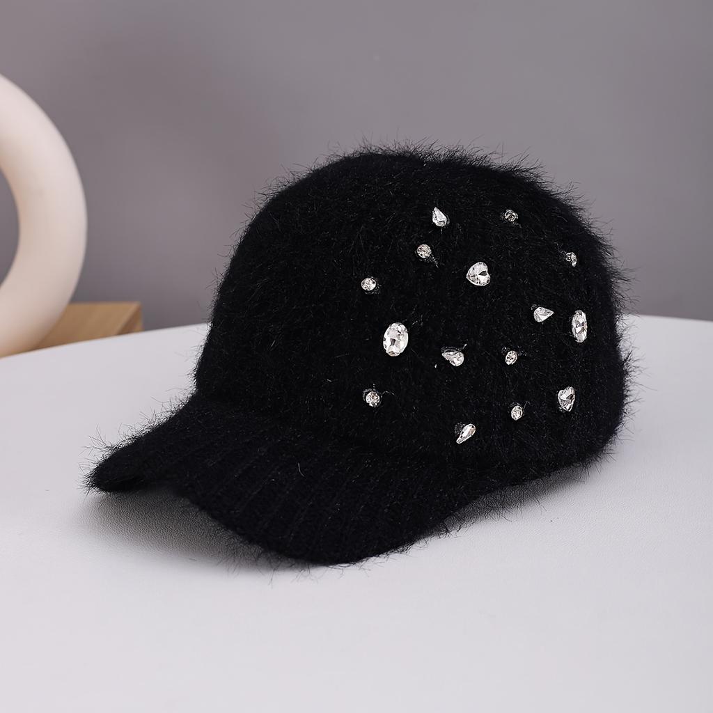 Women's Luxury Furry Hat with Artificial Jade Long Plush Yarn & Rhinestone-Adorned Wide Brim, Adjustable Non-Stretch Fit, Hand Washable Winter Cap