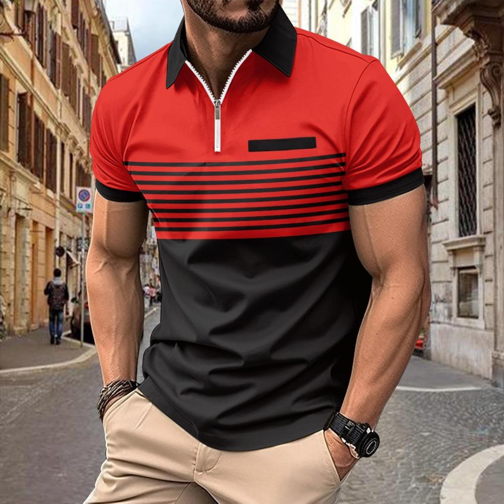 Summer Casual Polo Shirt with Zip – Men’s Printed Striped Short-Sleeved T-Shirt