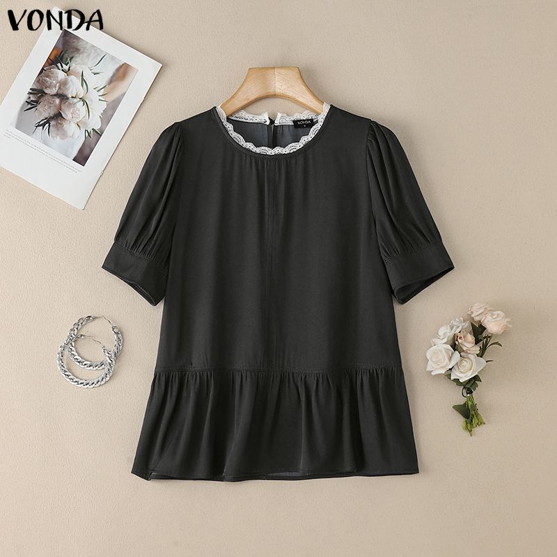 

VONDA Women Lace Hem Round Neck Casual Short Sleeve Ruffled Blouse M