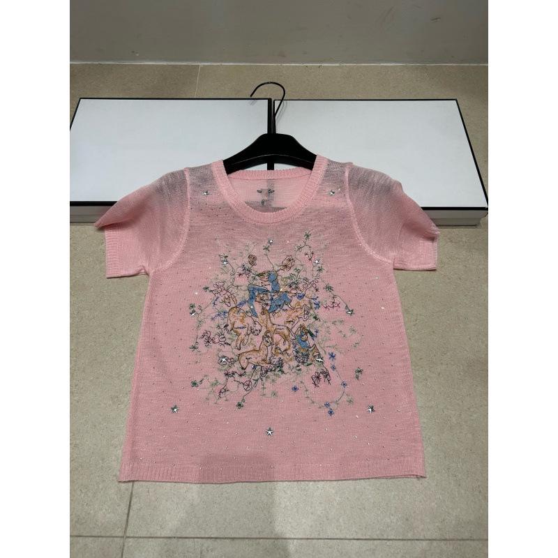 D Brand Women's European Style Luxury Knit Round Neck Short Sleeve T-Shirt