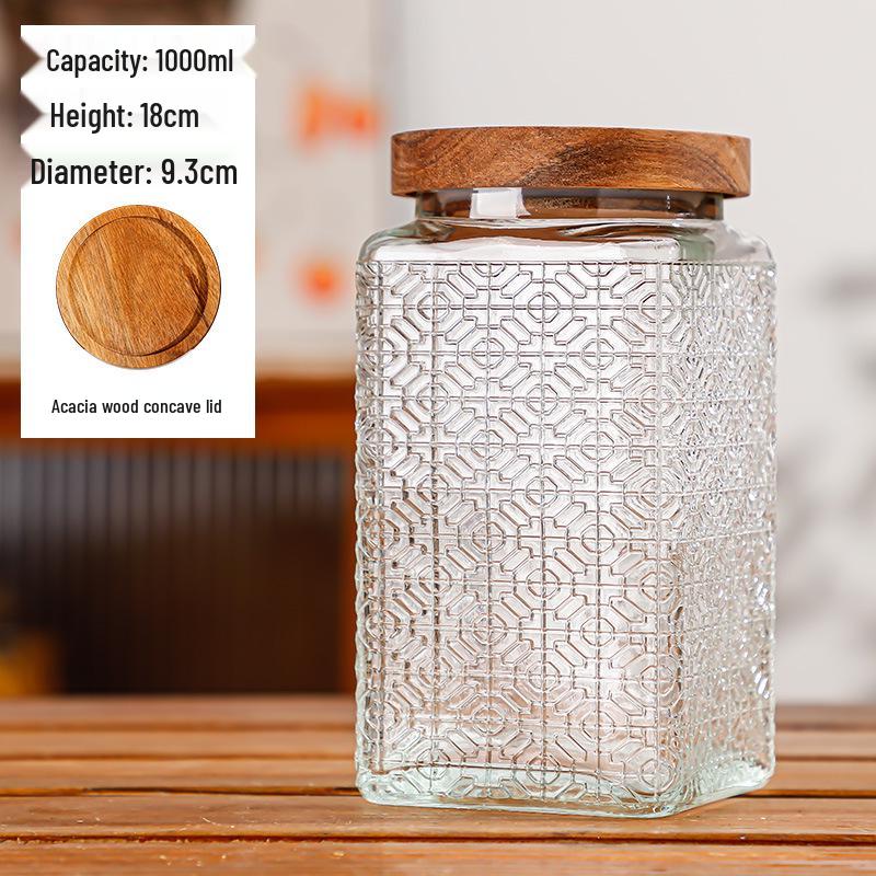 Retro Carved Storage Jar with Acacia Wood Lid for Grains, Dried Fruits, and Snacks