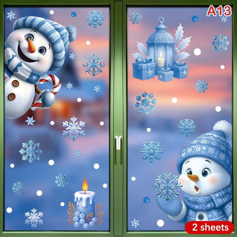 Christmas Blue Snowman Window Stickers Santa Claus Bird Snowflake Elk Ornaments Merry Christmas 2025 Happy New Year 2026