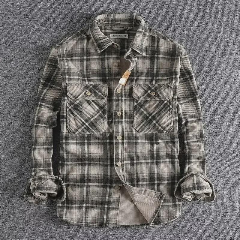 Men's Retro Khaki Plaid Corduroy Shirt - Spring/Fall Classic with Long Sleeves