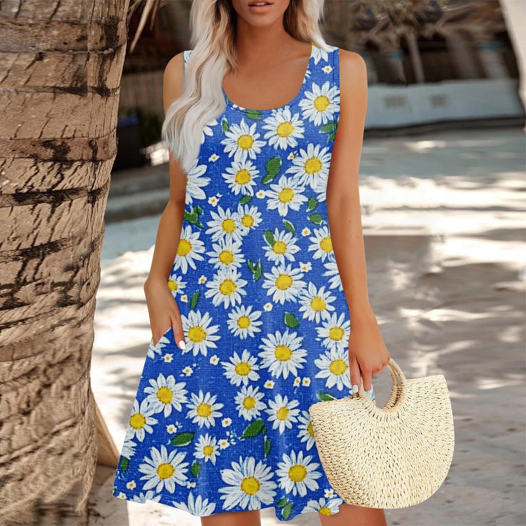 Women's Summer Floral High Waist Bohemian Dress Casual Hawaiian Flowing V Neck Holiday Dress