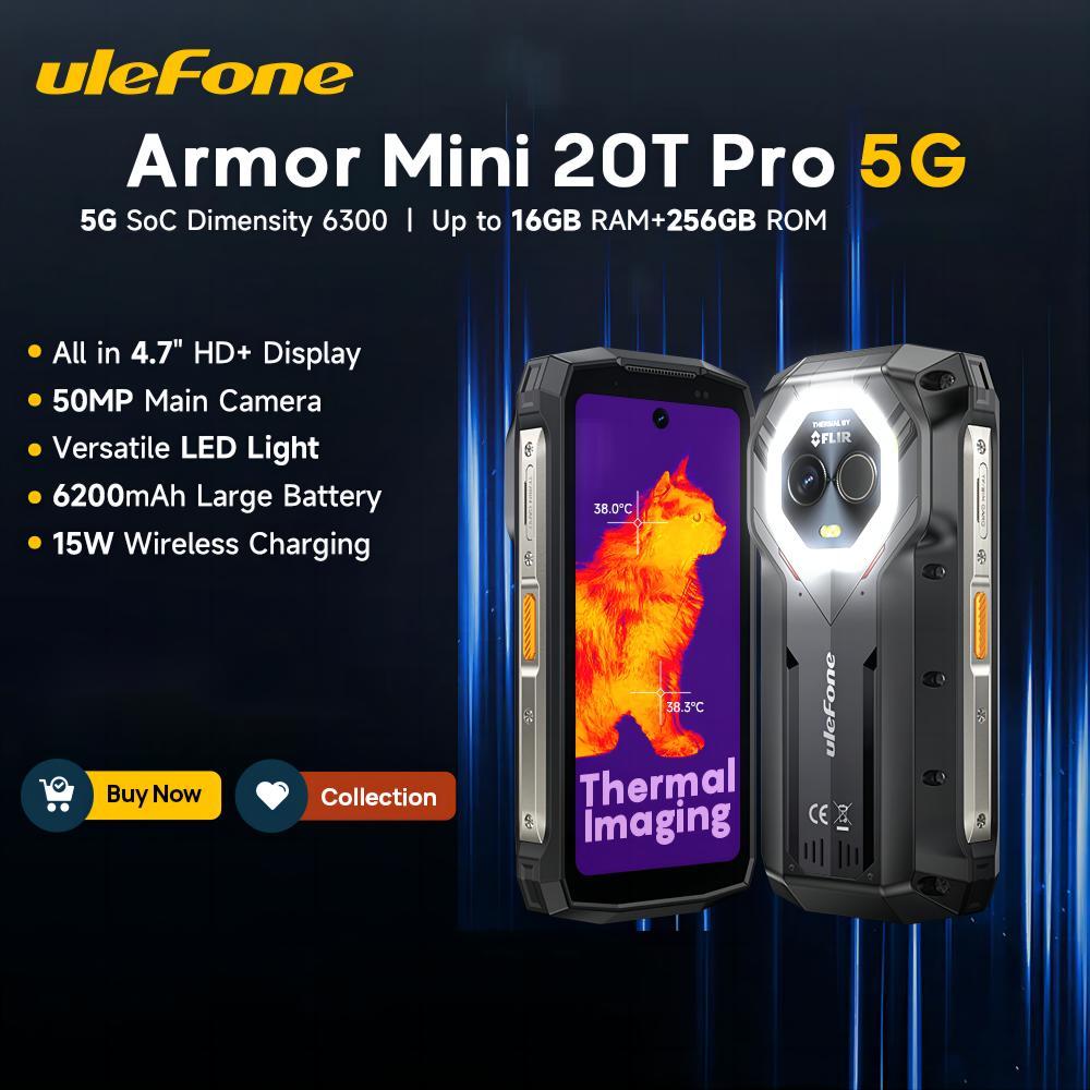 Ulefone Armor Mini 20T Pro 5G Thermal lmaging 4.7" Display Rugged Phone Android 15 6200mAh LED Light 16GB+256GB 33W Smartphone