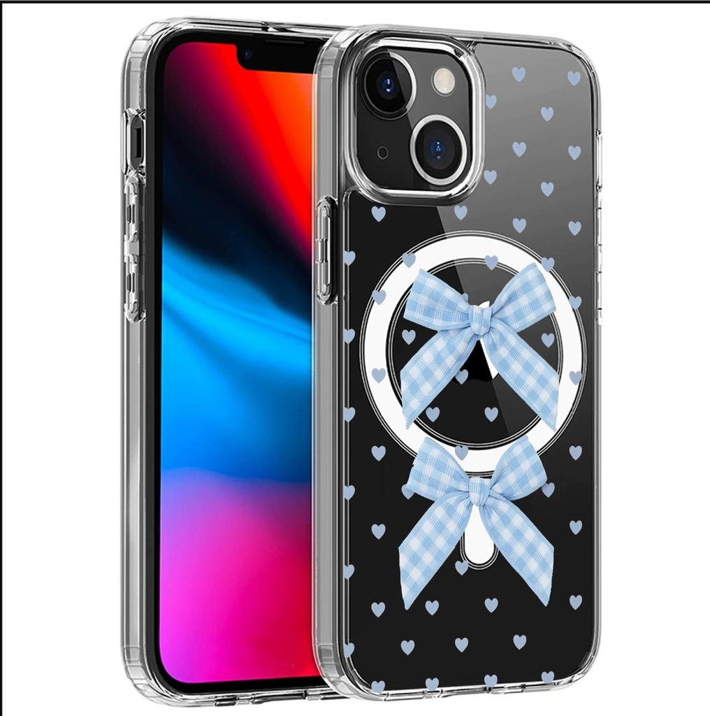 Blue Bow Magnetic Transparent Full Coverage Case for iPhone 14/15/16/17 Pro Max