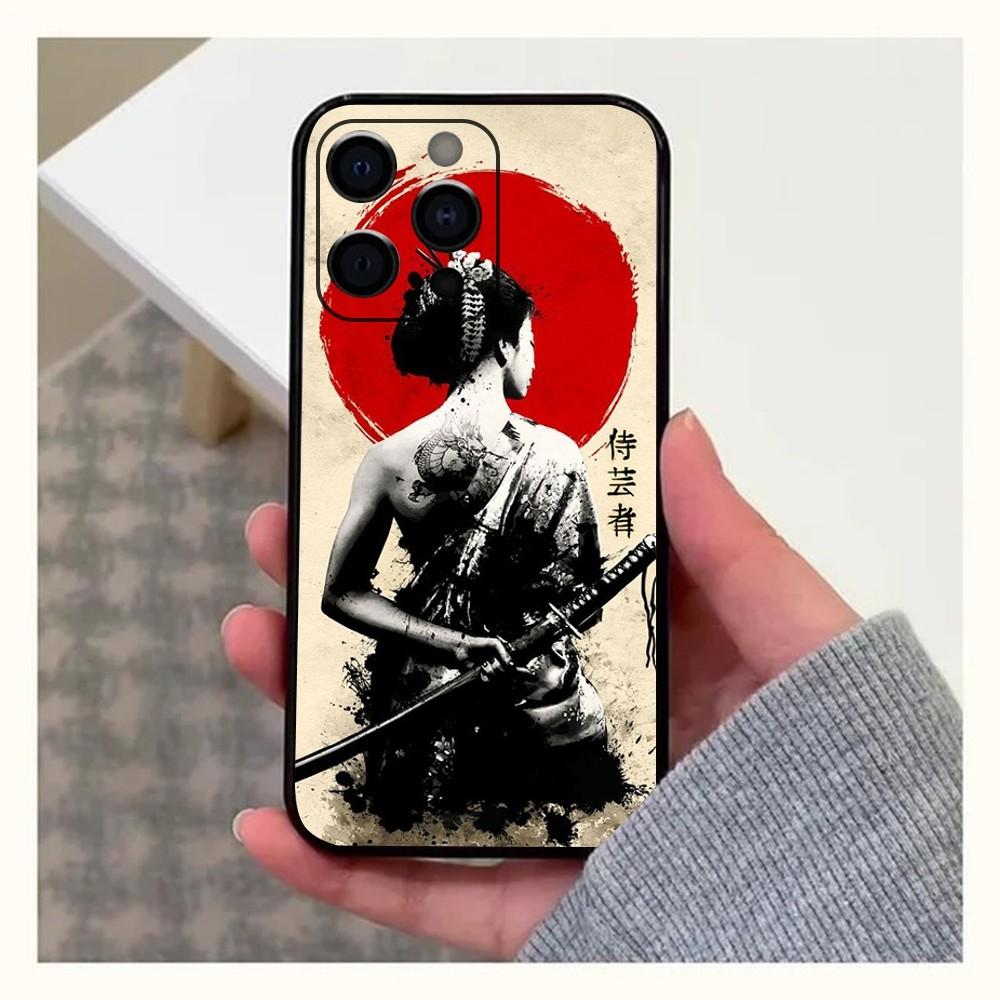 Samurai Warrior Geisha Phone Case For Apple iPhone 15,14,13,12,11,Pro,X,XS,Max,XR,Plus,Mini Soft  black shell