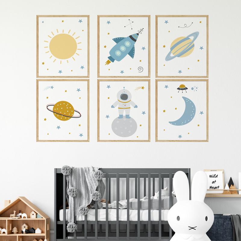 Cartoon Moon Planet And Prints Sun Rocket Poster Canvas Prints Children's Room Wall Art Decoration Pictures Children's Room Art No Frame