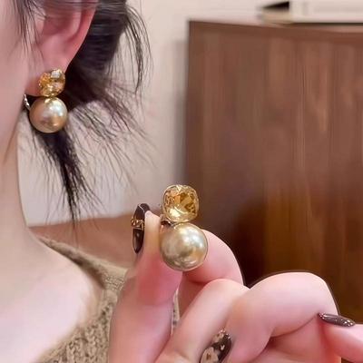 Luxury Champagne-Colored Pearl Square Rhinestone Earrings Women's Personalized Two-wear Style Earrings Fashion Jewelry Gifts