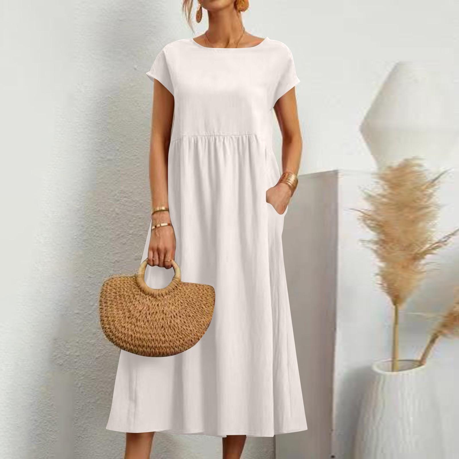 

Women s Color Short-sleeved Loose Cotton And Linen Dress With Pockets XL білий