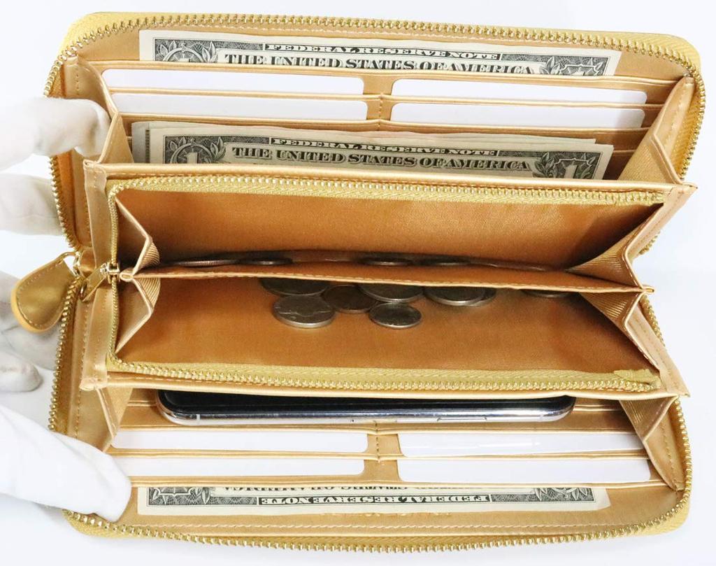 All-gold wallet for men and women, featuring genuine cowhide leather, a round zipper closure, a coin purse, large capacity card slots, and a slim,