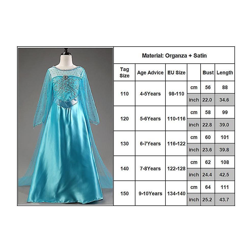 (7-8 Jahre) Gefrorene Elsa Prinzessin Langes Tüllärmelkleid Kinder Mädchen Halloween Karneval Party Cosplay Eisprinzessin Kostüm Verkleidung Performance Kostüm