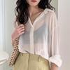 Blusa Sexy Transparente Feminina Verão Malha Transparente Camisetas Brancas Manga Longa Tops Casuais Y2k Moda Coreana Cardigan de Botão
